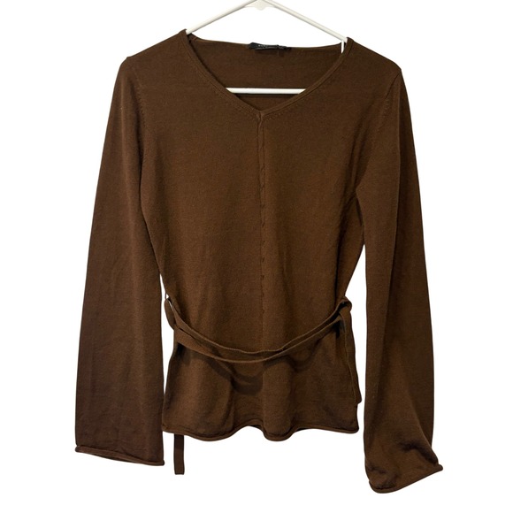 BCBGMaxAzria Sweaters - BCBGMAXAZRIA Knit Top Womens Medium Brown V-Neck Belted Wool Blend Bell Sleeve